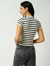 Women Black & White Striped Short Sleeves Topwear