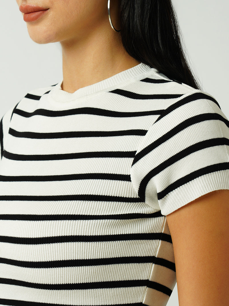 Women Black & White Striped Short Sleeves Topwear