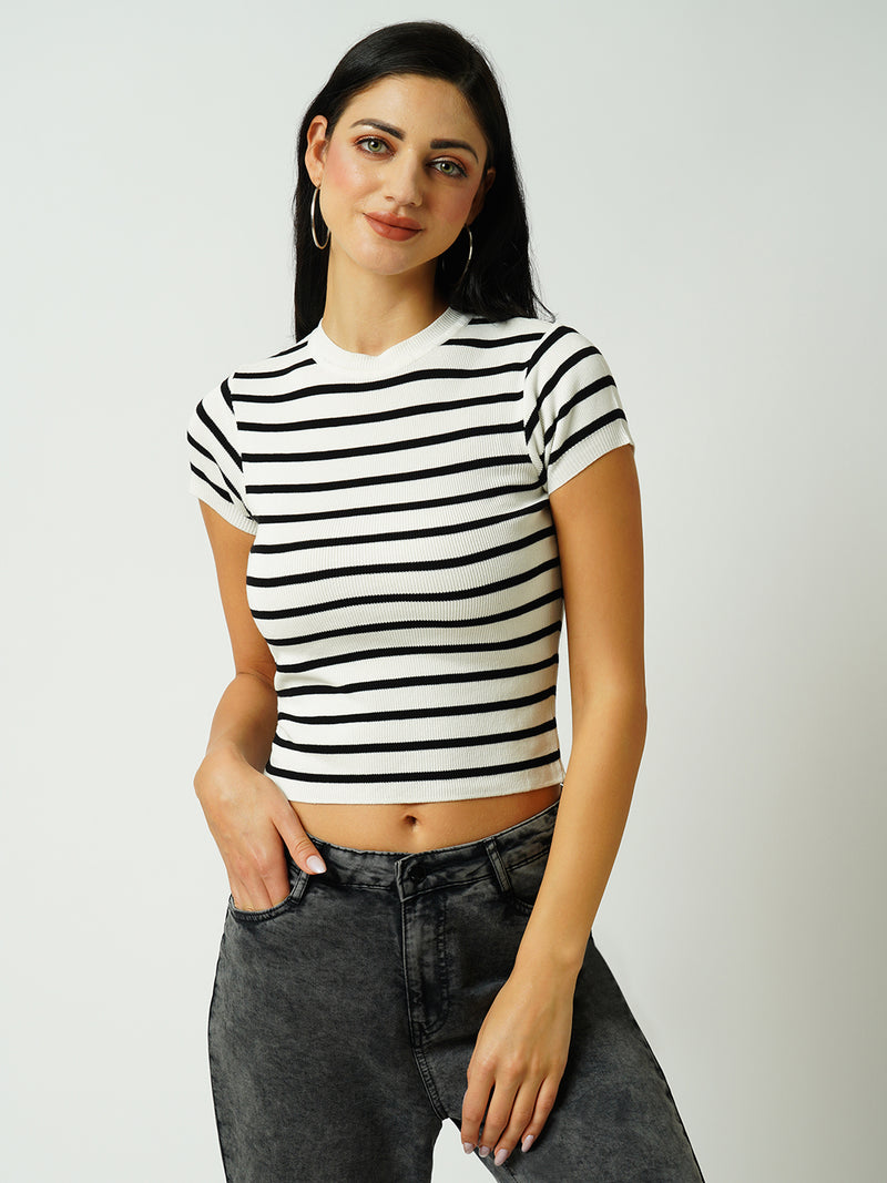 Women Black & White Striped Short Sleeves Topwear