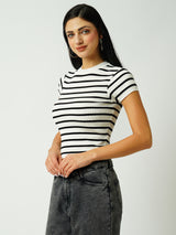 Women Black & White Striped Short Sleeves Topwear