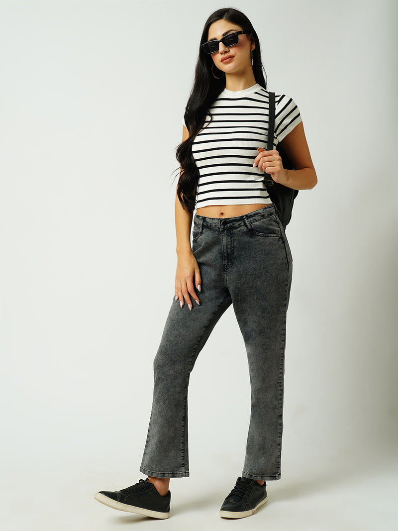 Women Black & White Striped Short Sleeves Topwear