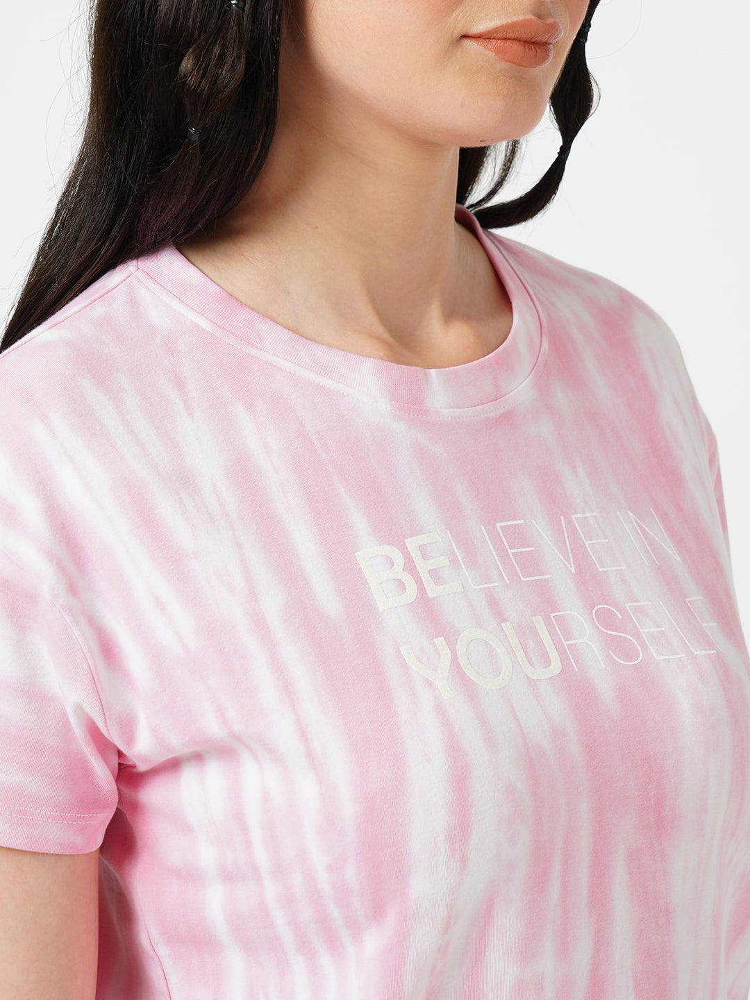 Women Pink Tie & Dye Short Sleeves T-shirt