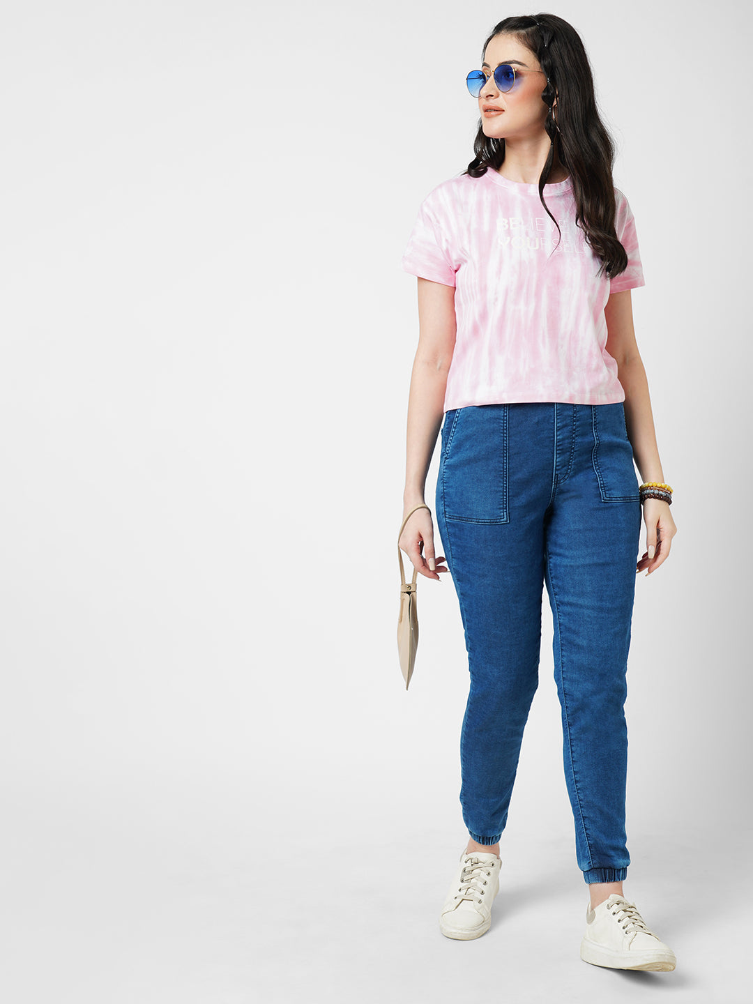 Women Dark Blue High-Rise Denim Joggers