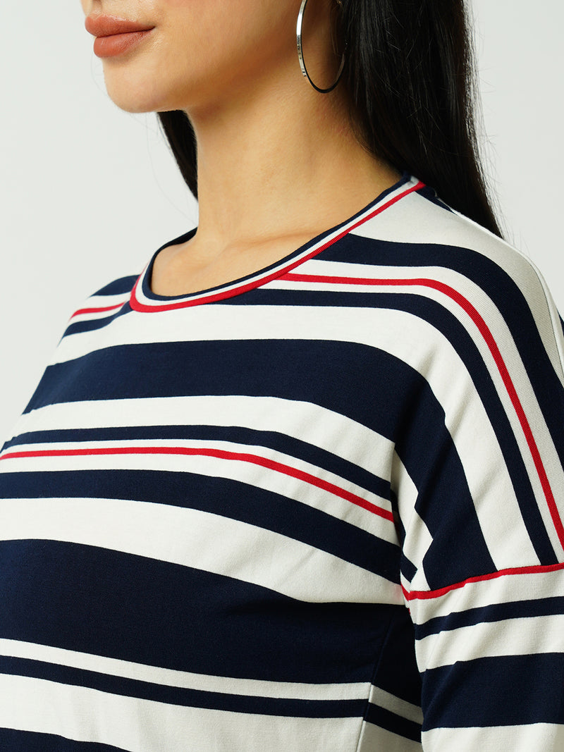 Women Navy & Off White Striped Three-Quarter Sleeves T-Shirts