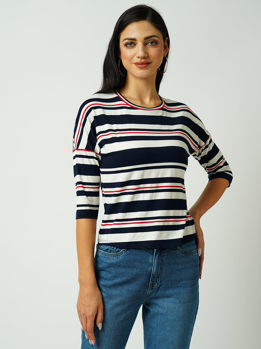 Women Navy/Off White Strip Tshirt