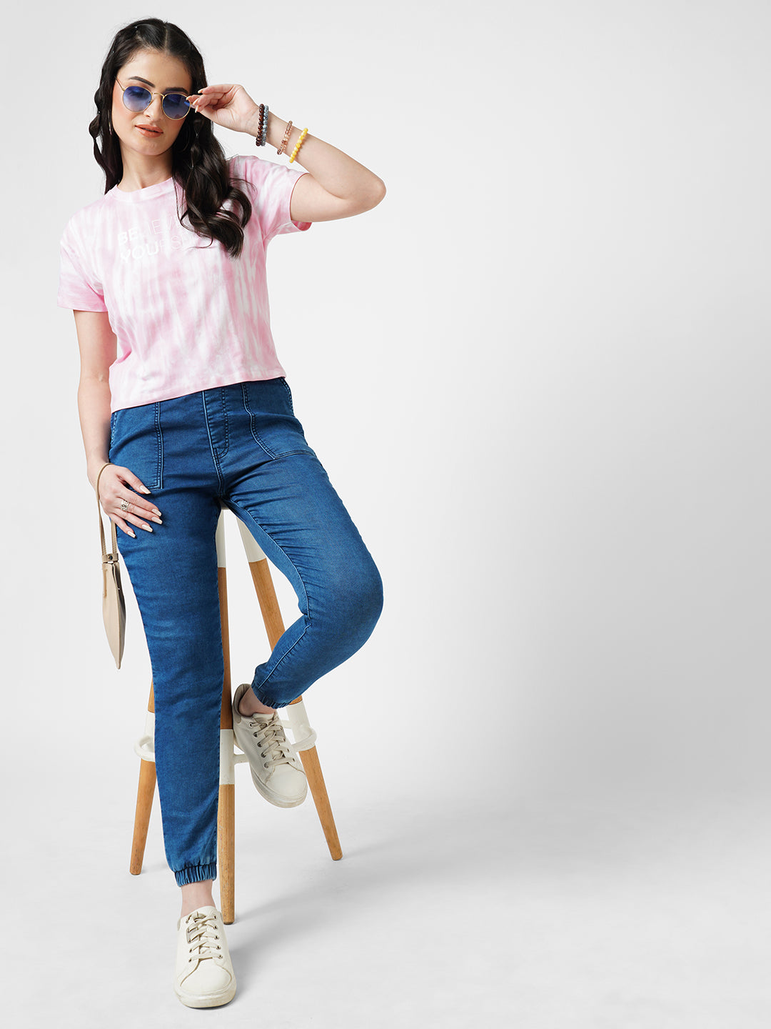 Women Dark Blue High-Rise Denim Joggers