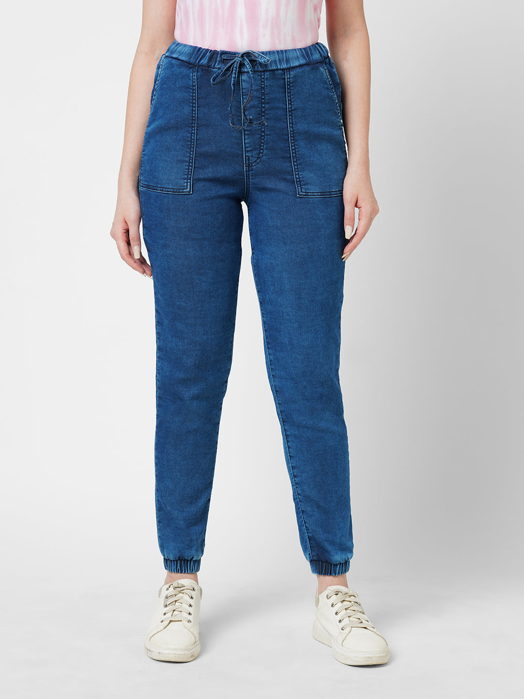 Women Dark Blue High-Rise Denim Joggers