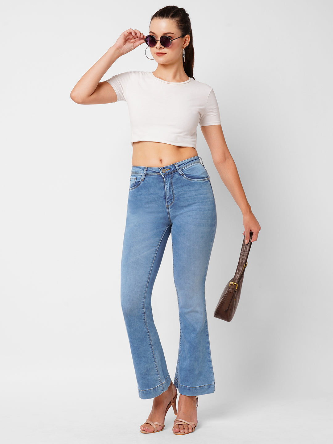 Women Light Blue High-Rise Mini Flare Jeans