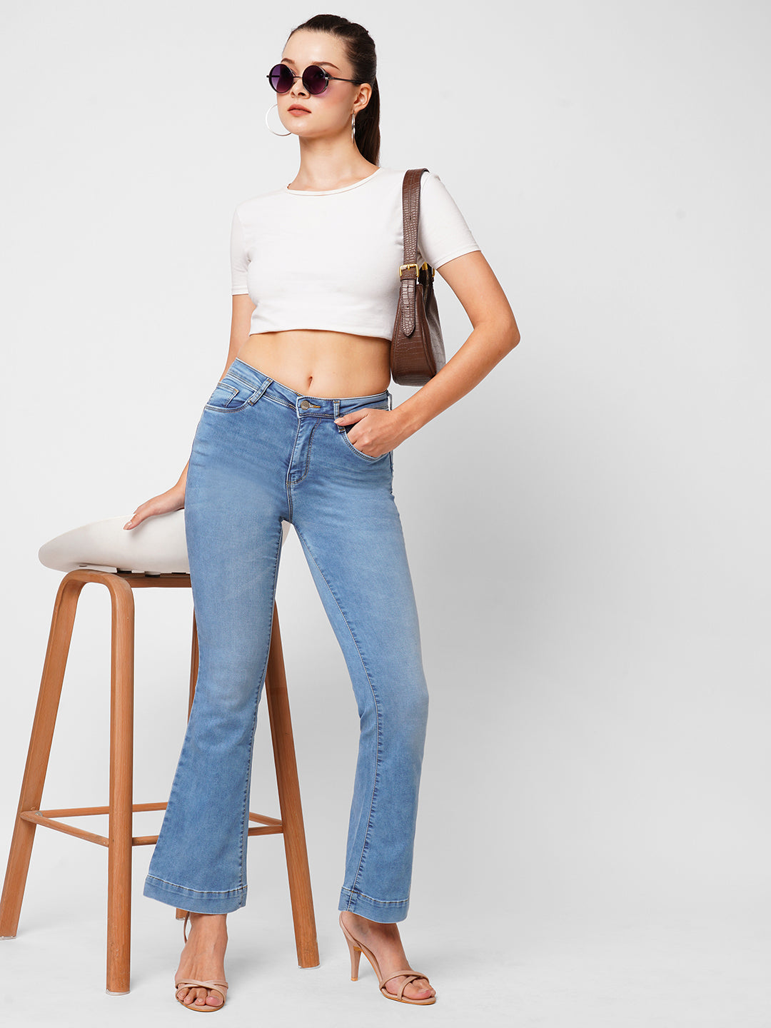 Women Light Blue High-Rise Mini Flare Jeans