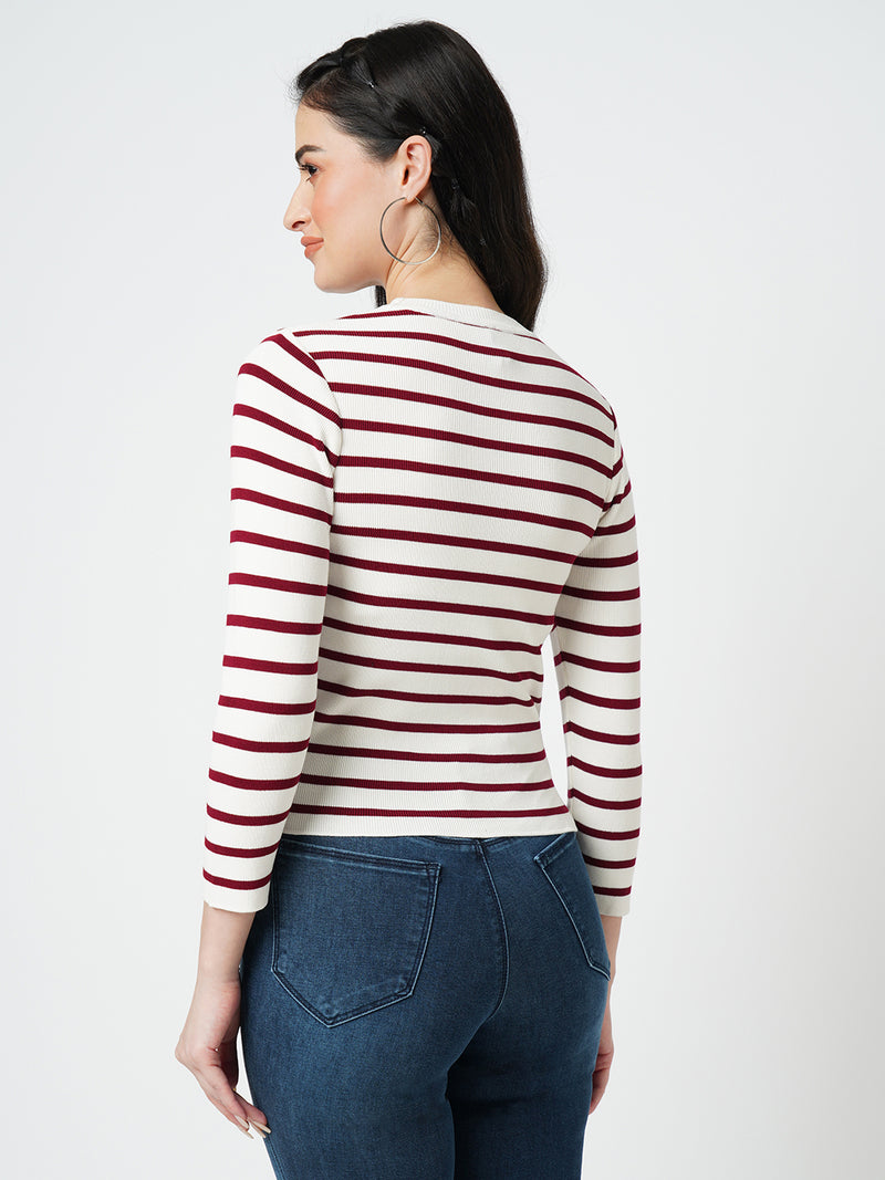 Women Wine/White Striped Long Sleeves Tops