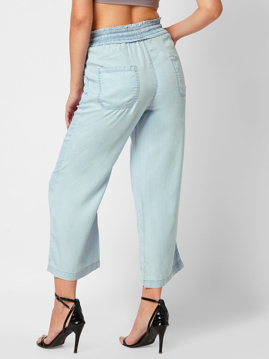 Women Light Blue Mid Rise Paper Bag Culottes