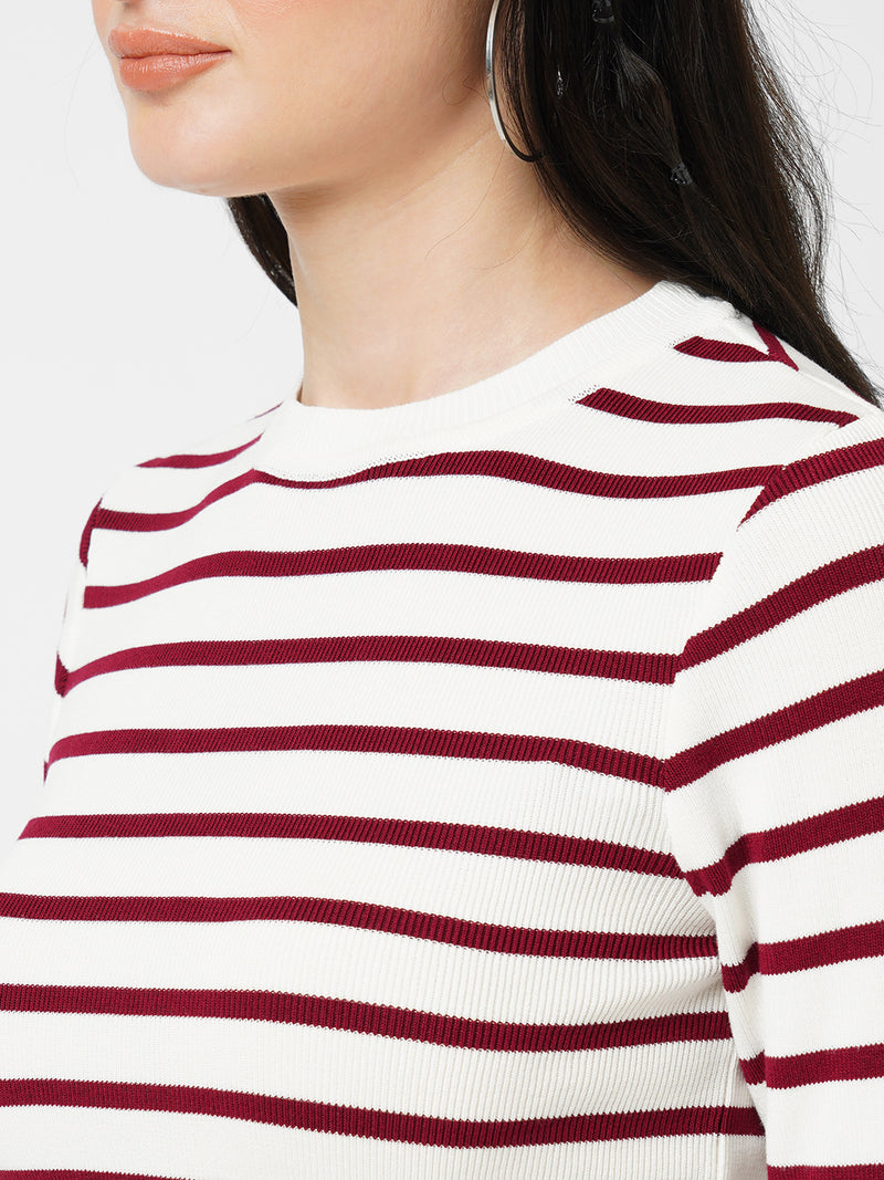 Women Wine/White Striped Long Sleeves Tops