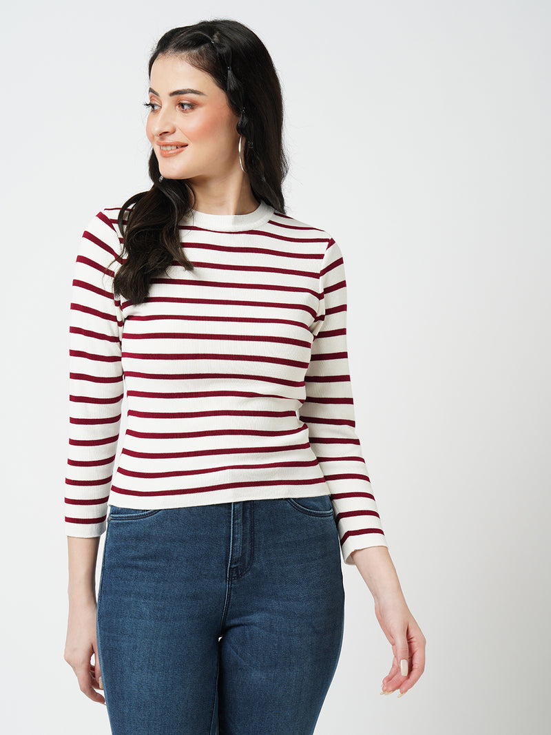 Women Wine/White Striped Long Sleeves Tops