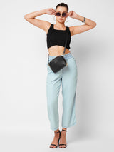 Women Light Blue Mid Rise Paper Bag Culottes