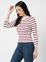 Women Wine/White Striped Long Sleeves Tops