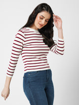 Women Wine/White Striped Long Sleeves Tops