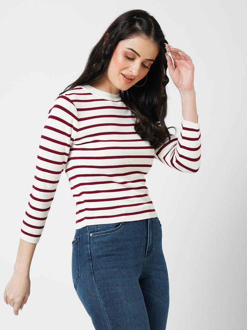 Women Wine/White Striped Long Sleeves Tops