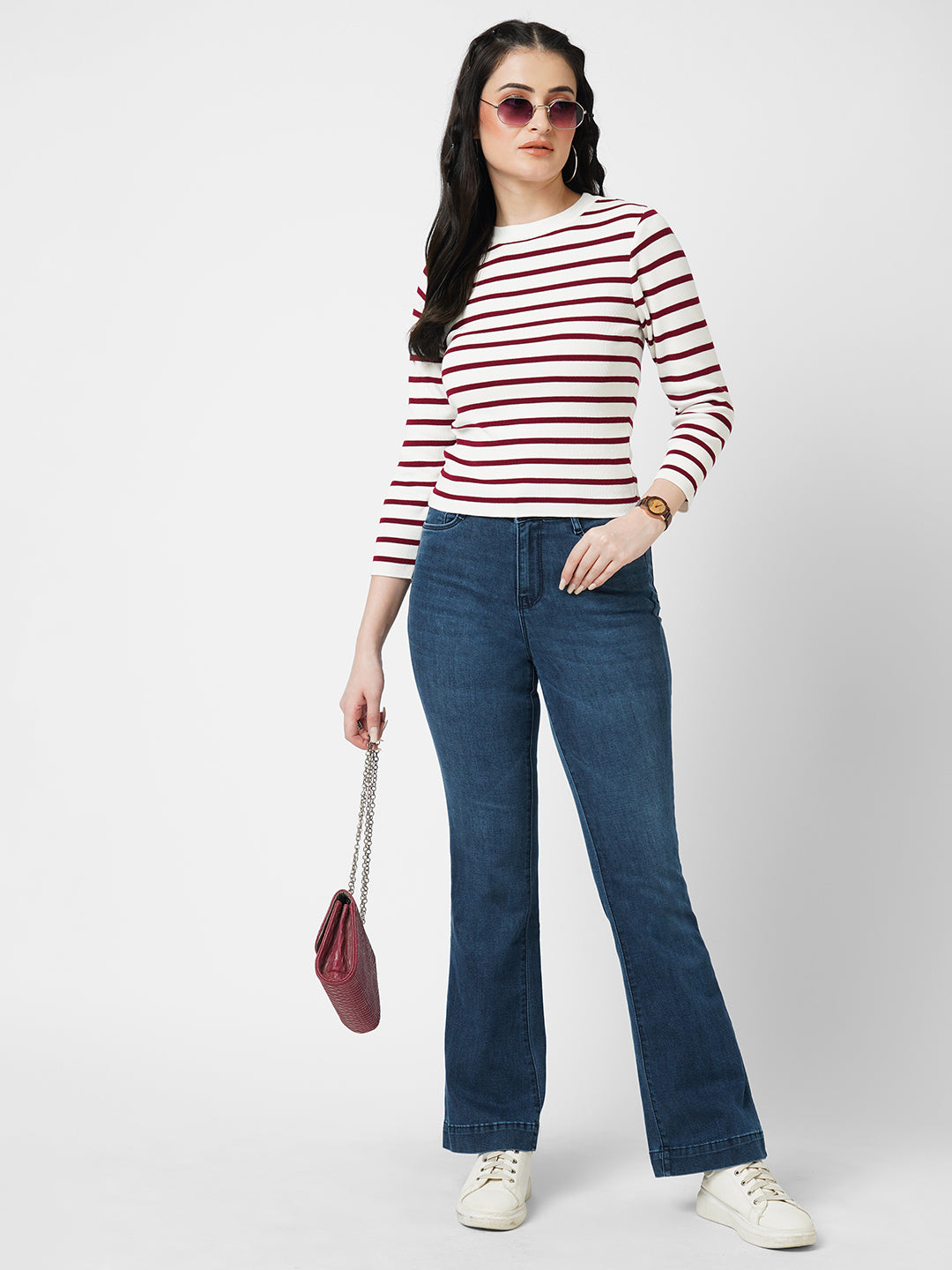 Women Dark Blue High-Rise Mini Flare Jeans