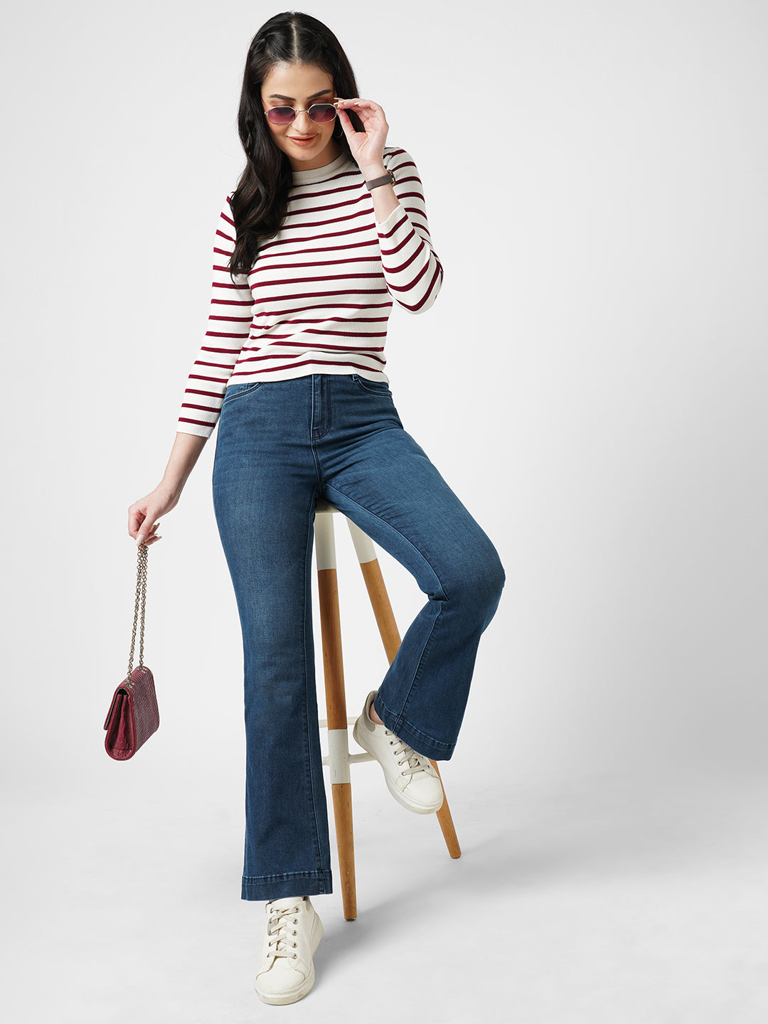Women Dark Blue High-Rise Mini Flare Jeans