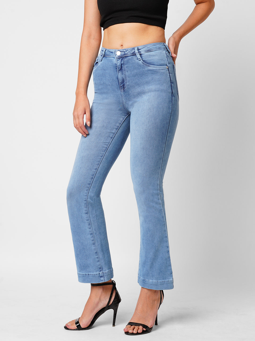 Women Blue High-Rise Mini Flare Jeans