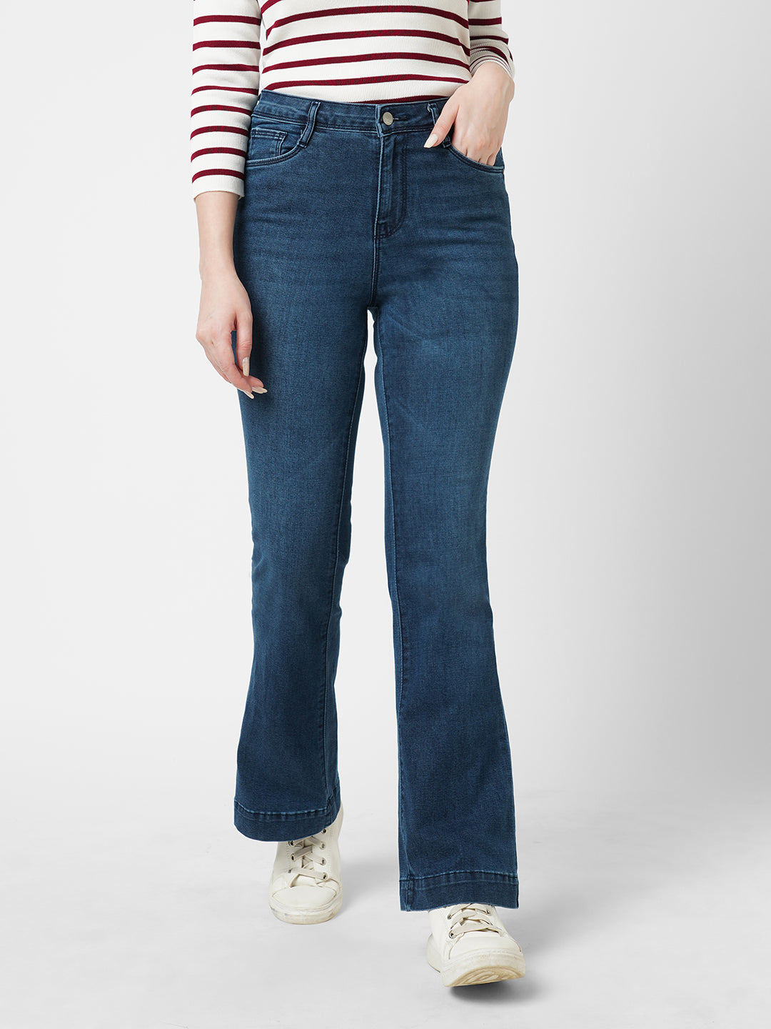 Women Dark Blue High-Rise Mini Flare Jeans