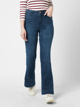 Women Dark Blue K5094 High Rise Mini Flare Jeans