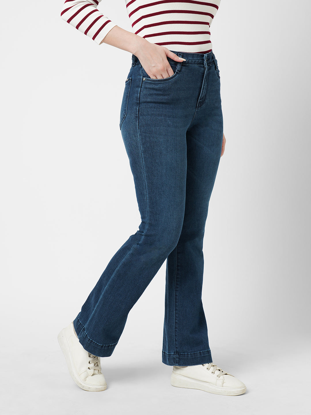 Women Dark Blue High-Rise Mini Flare Jeans