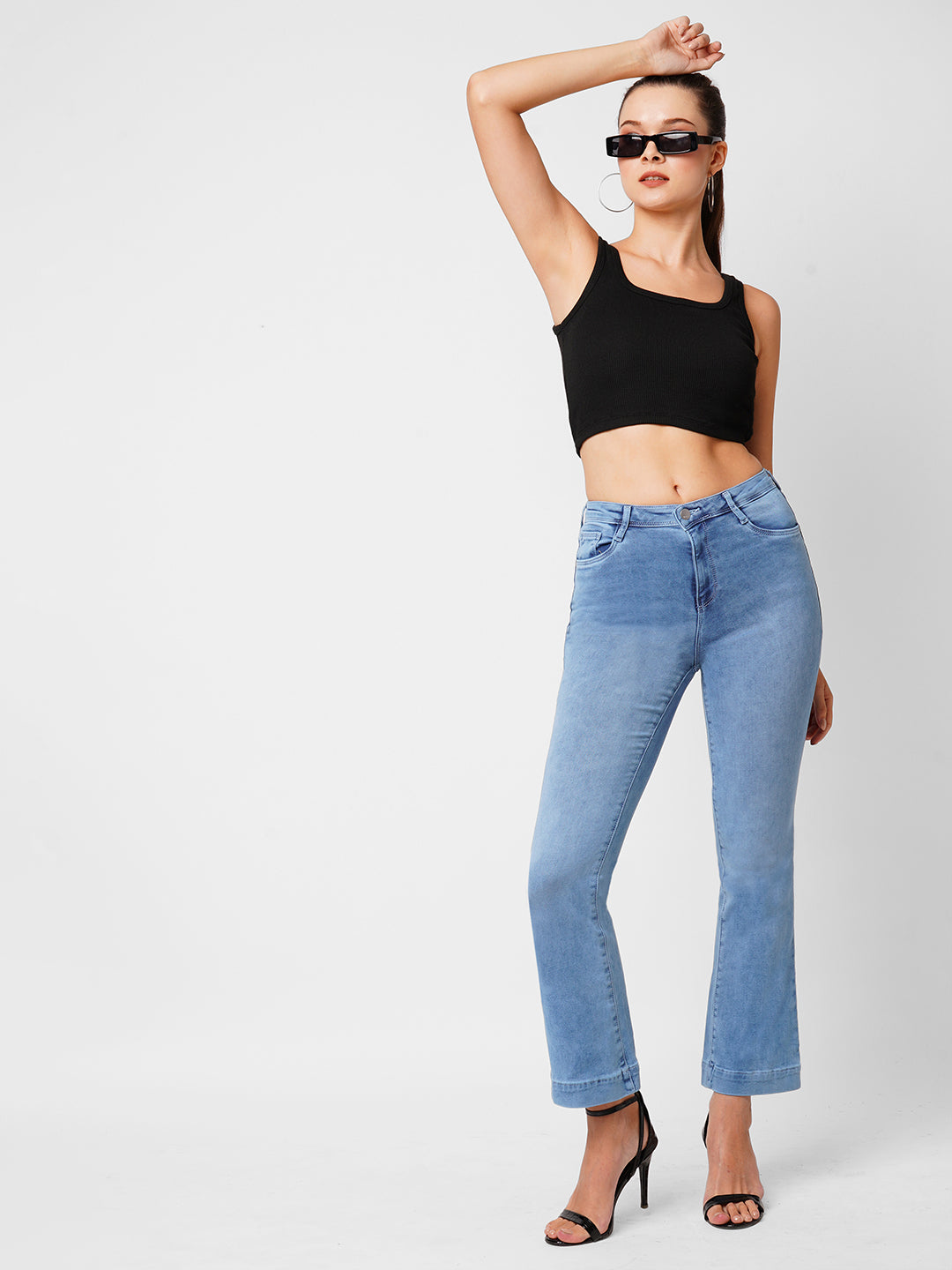 Women Blue High-Rise Mini Flare Jeans