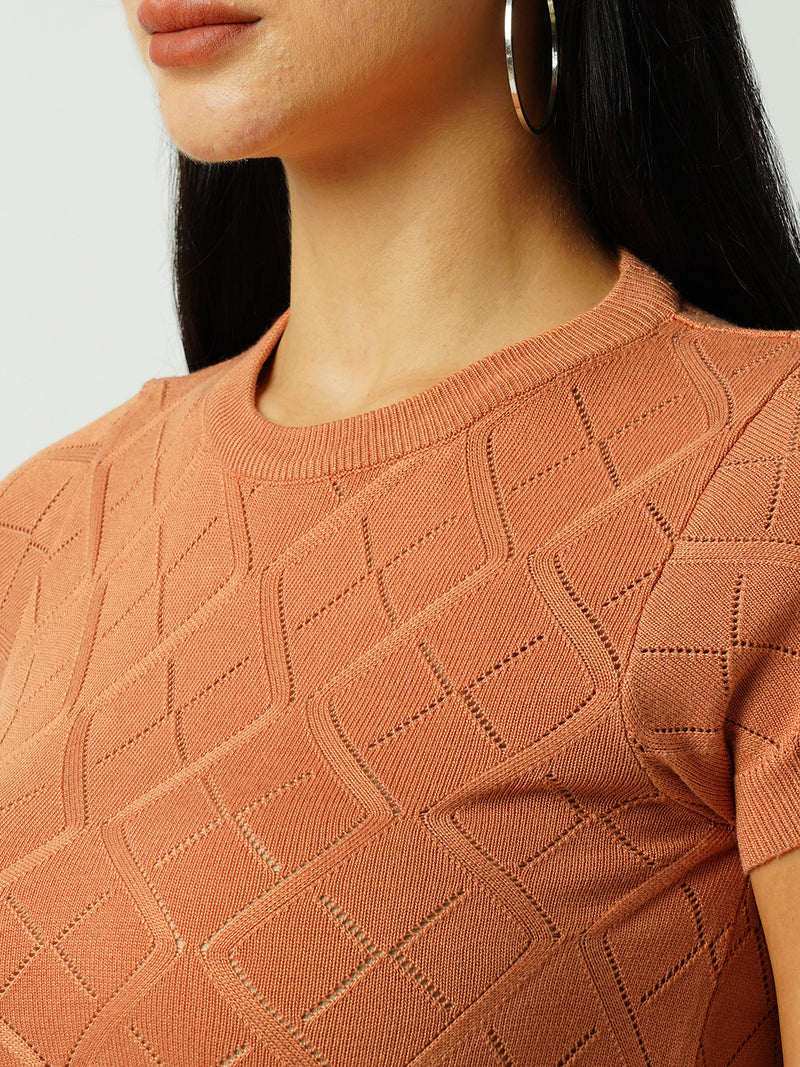 Women Apricoat Crush Solid Short Sleeves Topwear