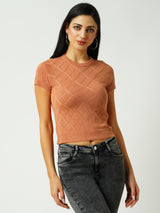 Women Apricoat Crush Solid Short Sleeves Topwear