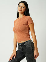 Women Apricoat Crush Solid Short Sleeves Topwear