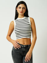 Women Black & White Striped Sleevless Topwear