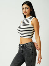 Women Black & White Striped Sleevless Topwear