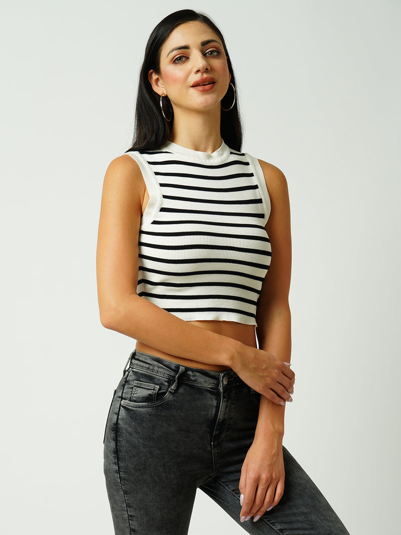 Women Black & White Striped Sleevless Topwear