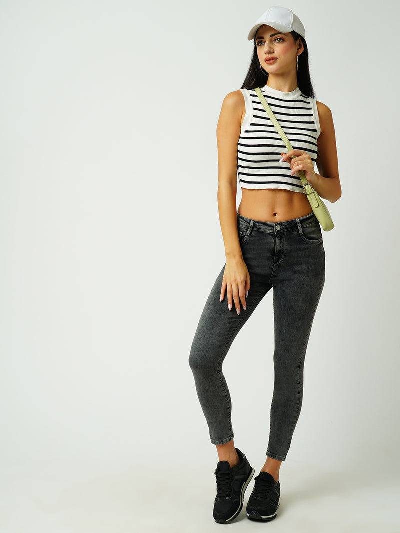 Women Black & White Striped Sleevless Topwear
