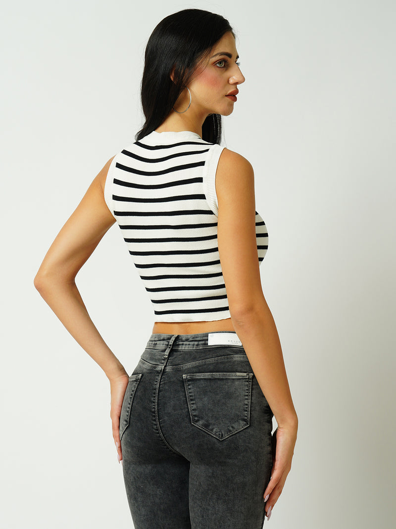 Women Black & White Striped Sleevless Topwear