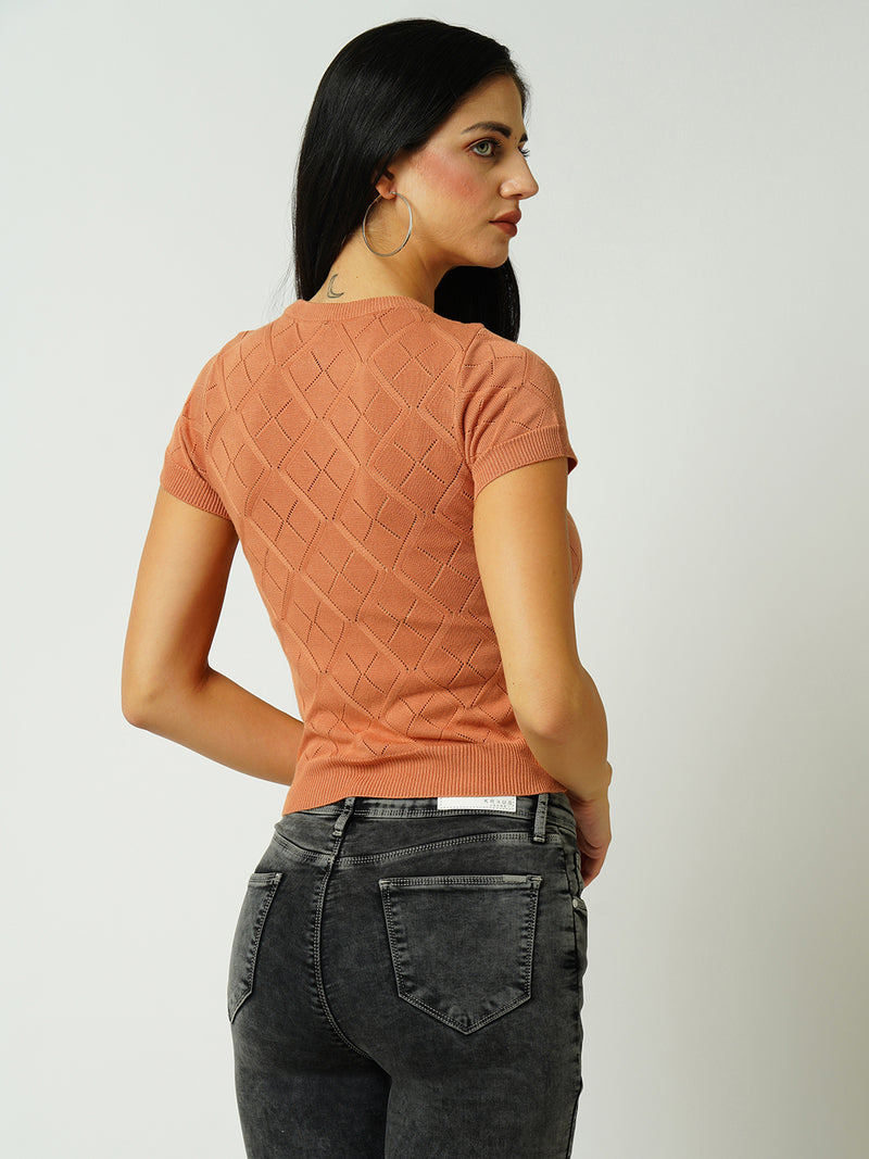 Women Apricoat Crush Solid Short Sleeves Topwear