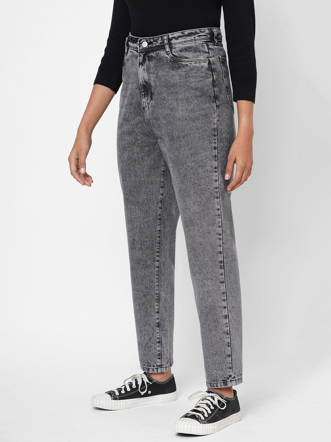 Women Grey High-Rise Mom Fit Jeans