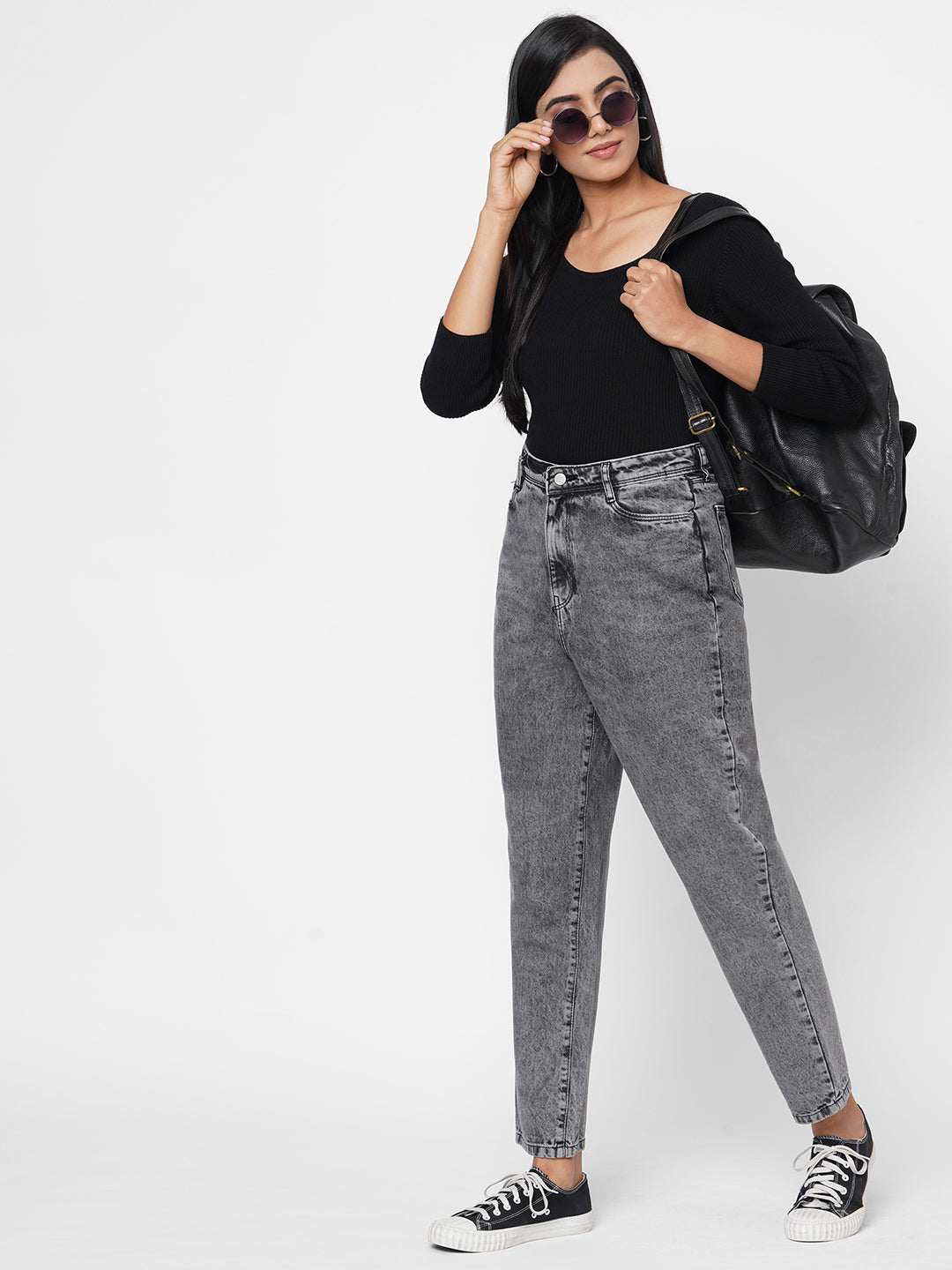 Women Grey High-Rise Mom Fit Jeans