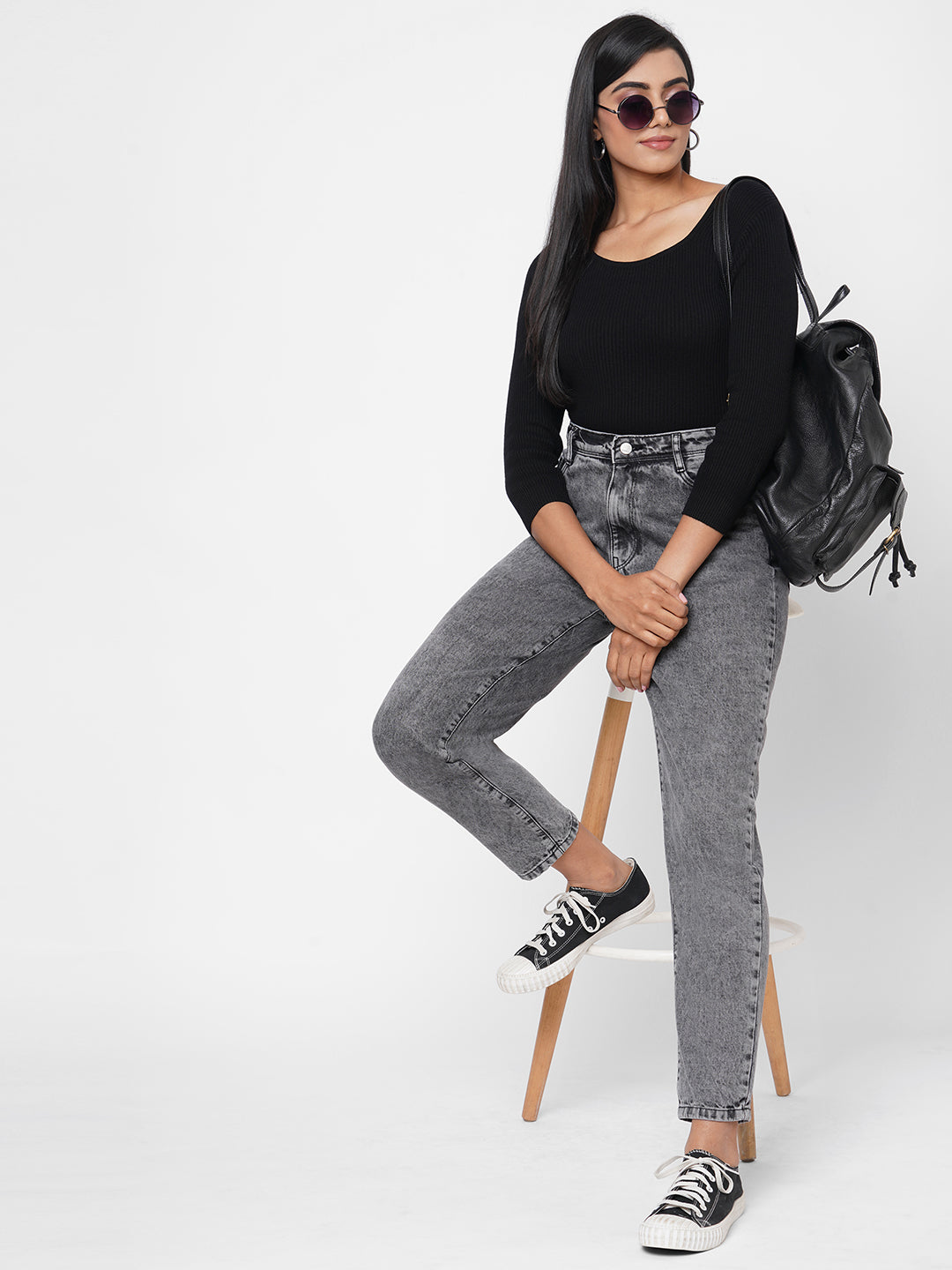 Women Grey High-Rise Mom Fit Jeans