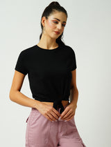 Women Black Solid Short Sleeves T-Shirts