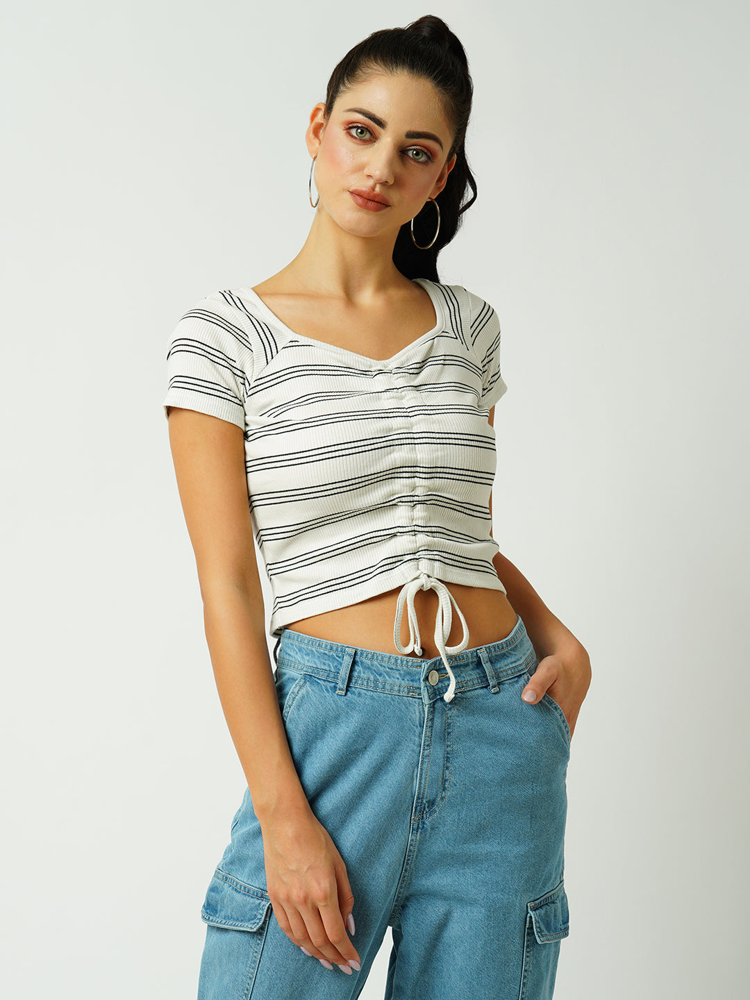 Women Black&White Striped Slim T-Shirt