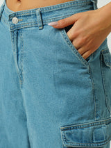 Women Light Blue Mid Rise Cargo