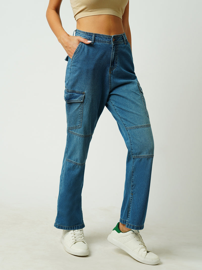 Women Light Blue Mid Rise Cargo