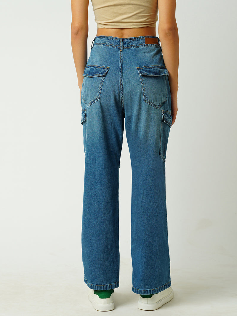 Women Light Blue Mid Rise Cargo