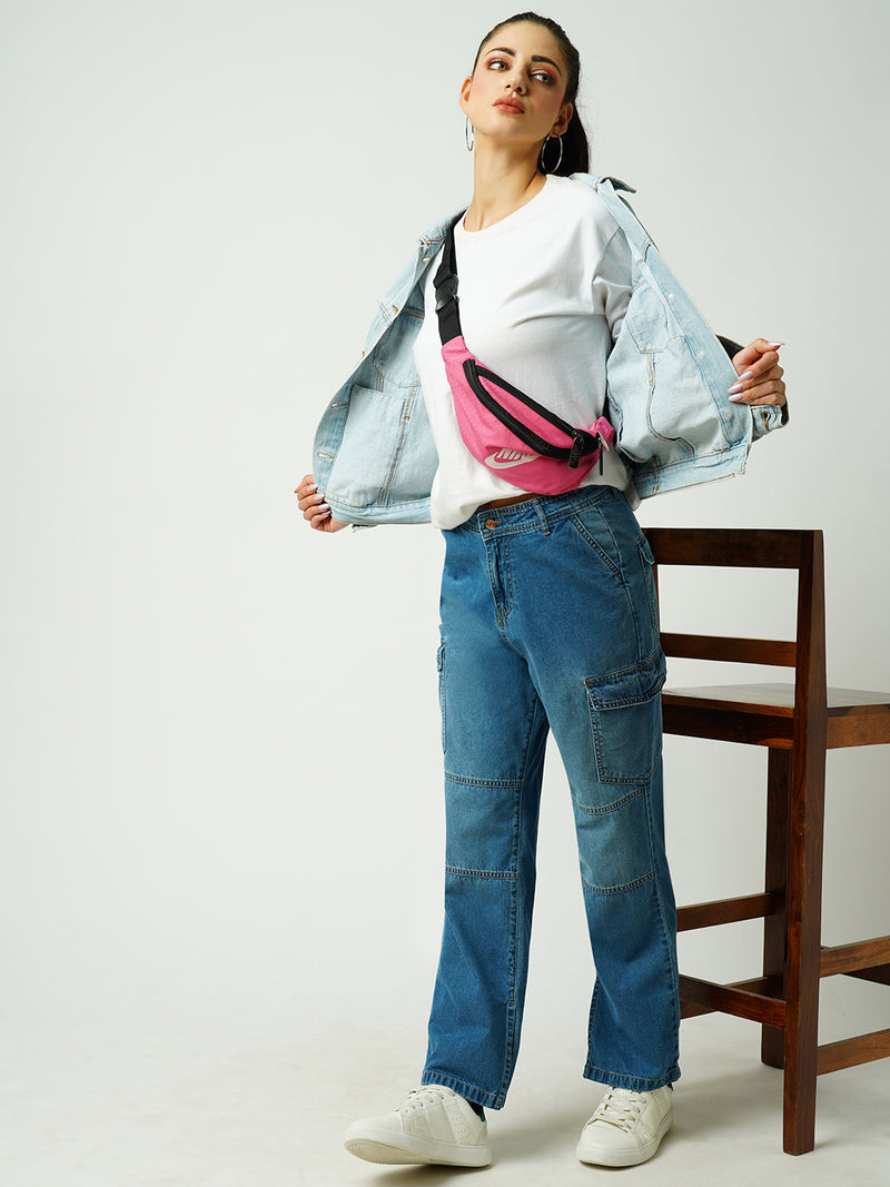 Women Light Blue Mid Rise Cargo