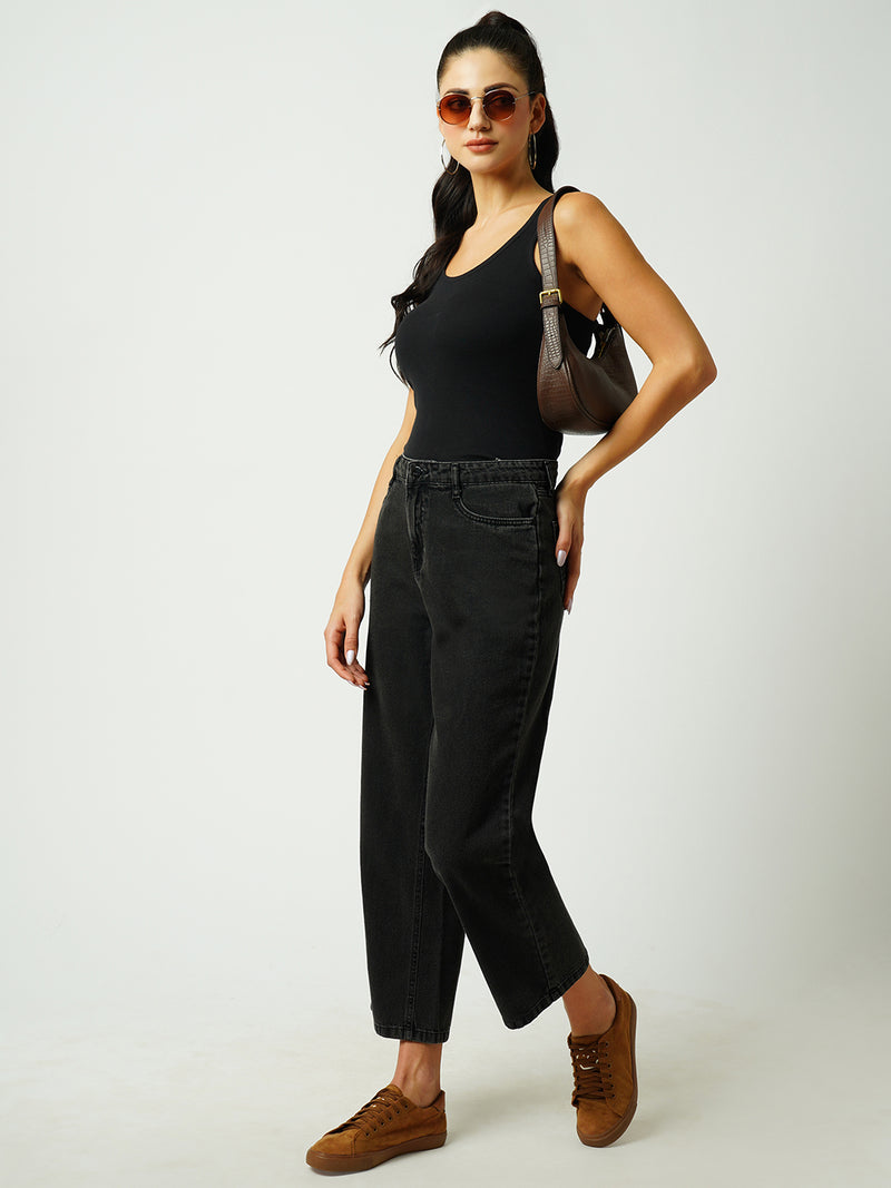 Women Black High Rise Loose Straight