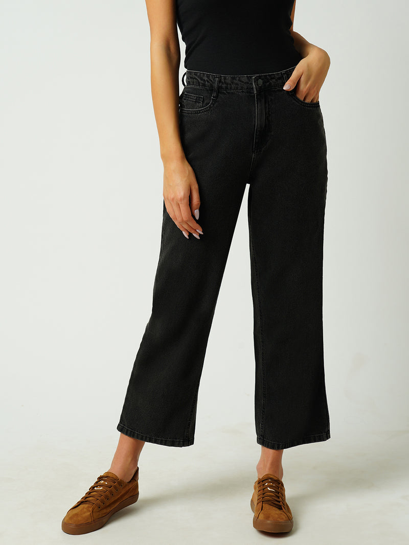 Women Black High Rise Loose Straight