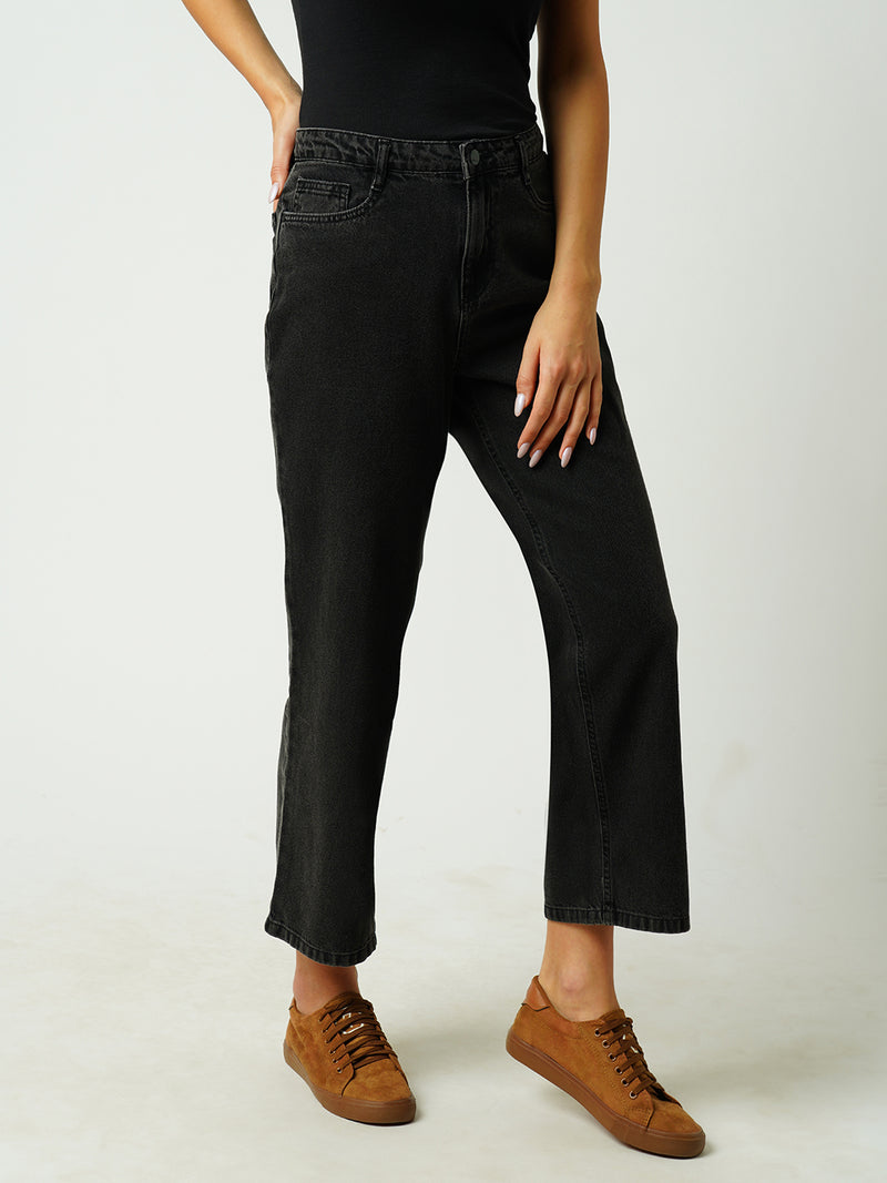 Women Black High Rise Loose Straight