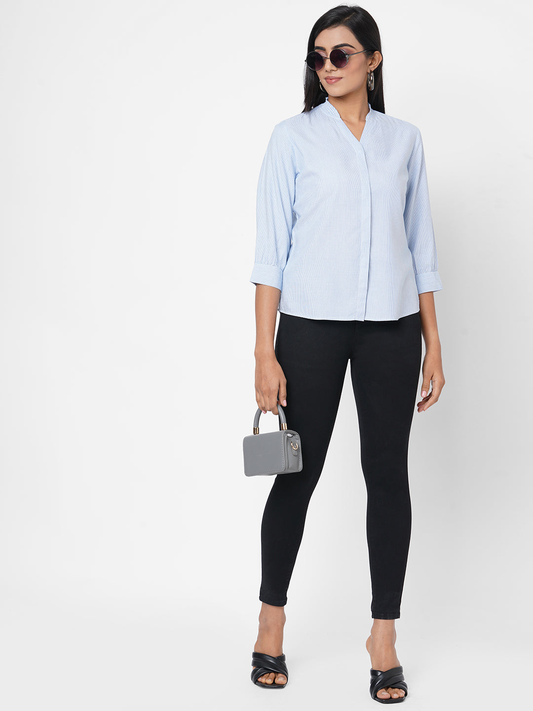 Women Blue/White Stripe Shirt Top